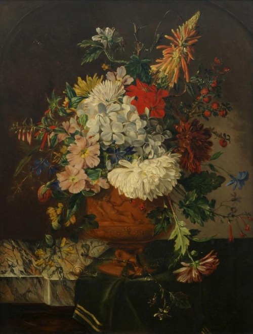 Eloise Harriet Stannard (1829 - 1914)Still life of flowers in an urn on a ledge in a feigned niche