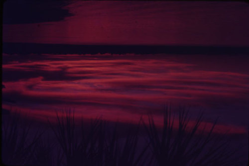 Red, red sunsetsColor slide of a brilliant sunset in late Autumn reflecting across a waterway, 1973;