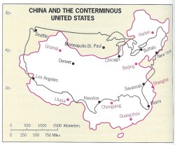 mapsontheweb:  Map of China overlaid on the United States, along the same lines of latitude.More latitude comparison maps &gt;&gt;