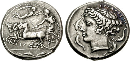 Ancient coins from Syracuse with images of the nymph Arethusa from c. 466-400 BC