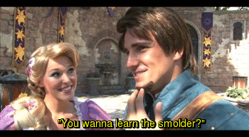 disney-park-junkie:  Flynn Rider tries to teach reporter, Mitch, “The Smolder”.