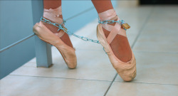 masterra89:  A couple more poses of my gorgeous slave in her ballet shoes and chained up. 