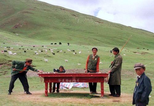 henk-heijmans:A group of Tibetan herders play a game of billiards as a flock of goats and horses graze on the pasture above them near Xiangpi mountain, China, 1999 - by Natalie Behring, American