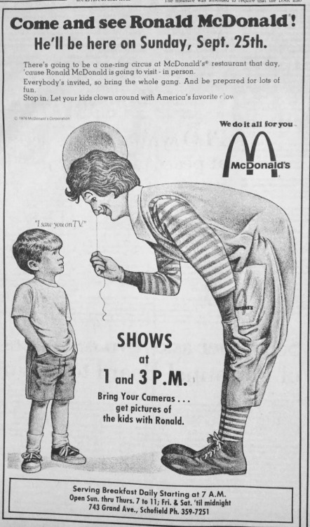 fromourarchives:Sept. 20, 1977 - McDonald’s advertisement in the Wausau Daily Herald to come see Ron