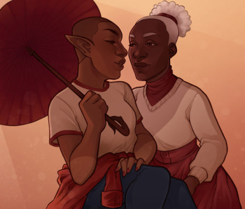 sageley: memories [ID: a digital illustration of Lup and Lucretia. Lup is a dark skinned elf with a 