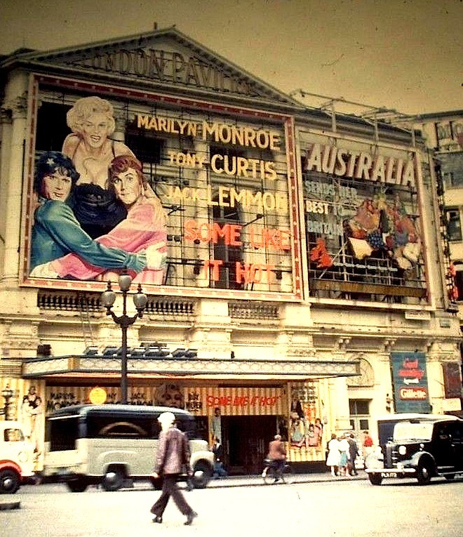 missingmarilyn:  Some Like It Hot billboard at the London Pavilion, 1959. 