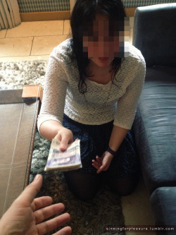 pleasehatemesir:  sinningforpleasure:  My Sub paid to be degraded, she handed over the money and as I counted it out I allowed her to suck my cock as I reminded her what she had become, She is now so debased that she pays her master to own her, to degrade