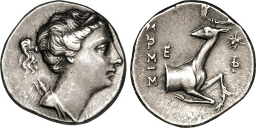 Didrachm from Ephesus, Ionia, representing Artemis on one side and a stag and bee on the other.