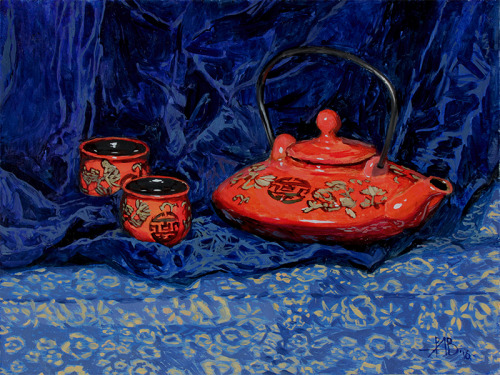 Still life with chinese tea set. Oil on masonite, 30x40 cm.Still life with two porcelain cats. Oil o