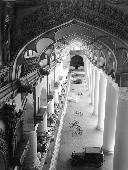 A view of the ornate art and architecture of a building in Chennai, India, 1948. Photograph by Volkm