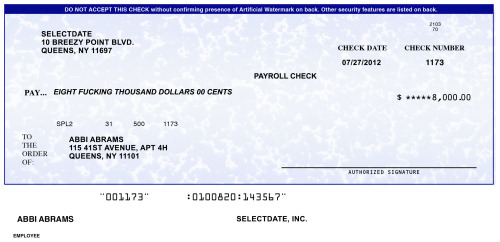 broadcity:  Copy of Abbi’s check from last night’s episode.