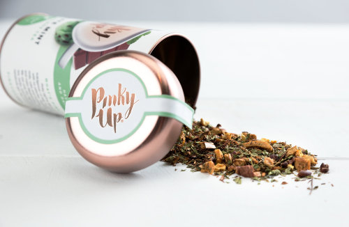 Designed by True Brands, fragrant loose leaf tea is packaged in beautiful tins with copper-colored l