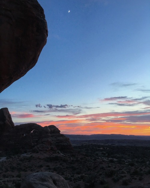 backpackacrossthemap:Hikes to delicate arch and sunset at the Windows. Arches National Park, Moab Ut