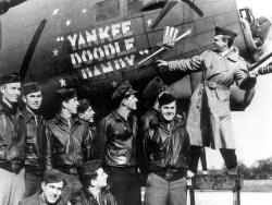 indypendenthistory:  Actor James Cagney christening the B-17 Yankee Doodle Dandy at Framlingham Airfield England, 1944.  Source: United States Army Air Forces via the Eighth Air Force Archives. Identikit: Douglas/Long Beach B-17G-95-DL Fortress 44-83884