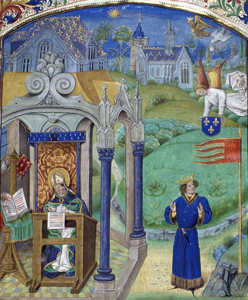 Augustine - De civitate Dei (15th century).Augustine writing, and Charles V, king of France standing