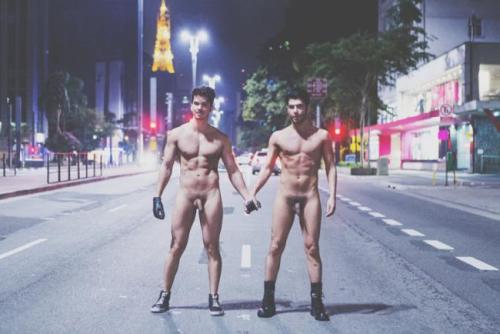 nakeddamienboy:  Brazilian Gay Couple Strips Naked To Protest Homophobia Some sign a Change.org petition or send a Tweet to protest homophobia, some strip fully nude in the middle of one of the largest cities in the world. Real life couple Felippe and