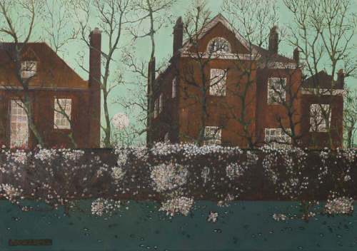 Charles Rake (b.1946) - Chimnies (chimneys) Moon and Magnolias. Oil on canvas.