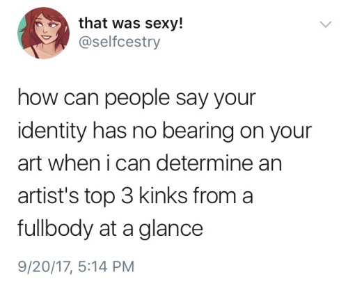 jovishark: saw this tweet and i laughed so  ask meme: tell me what my top 3 kinks are based on my art?? 