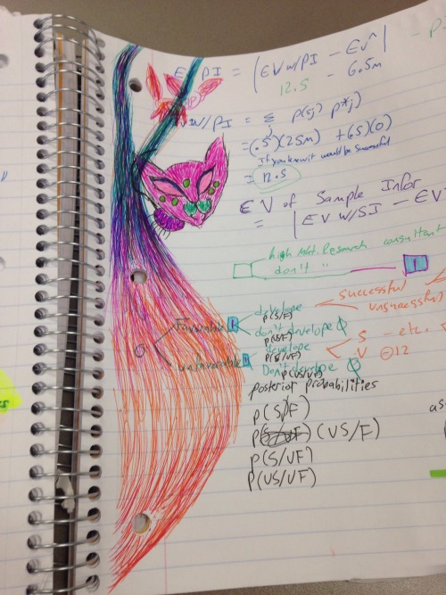 So I got bored in my Econ class as people asked over and over why you can’t choose which probability you get. So here’s a fun tree and a  catspider on LSD basically. And expected value of sample info.