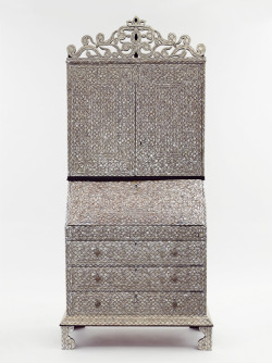 design-is-fine:  Desk &amp; bookcase, no date. Mother-of-pearl. South America. The form is based on an early 18th-century English design for what was then called a “desk and bookcase” and is now more often called a “bureau”. via V&amp;A 