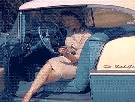publicdomaindiva:  From a 1955 Chevrolet screen advertisement. 