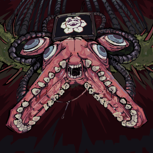 drawing of flowey in his boss form looking down at the viewer and smiling