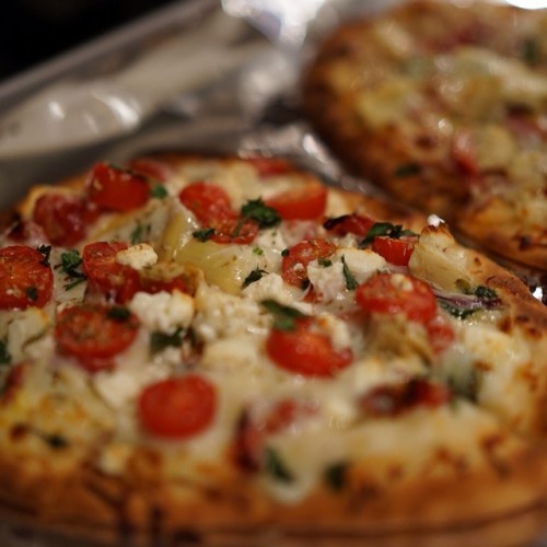 Homemade flat bread pizza with white sauce, feta, spinach, roasted red peppers, artichoke, and onion. #nom #food