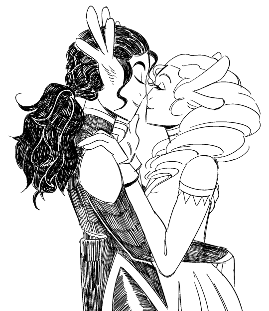 A black and white digital drawing of Ajo and Kagra embracing. Ajo has her arms around Kagra’s waist while Kagra has one hand on Ajo’s shoulder while the other is up to her chin, bringing her in for a kiss.