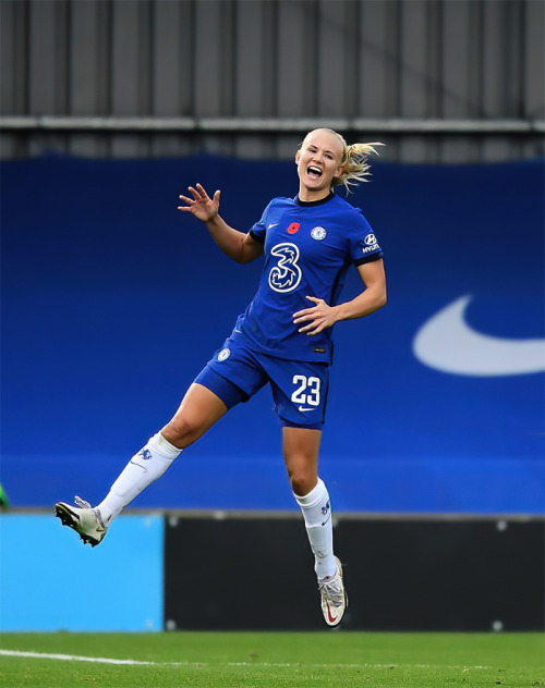 Pernille Harder of Chelsea celebrates with teammates after scoring during the Barclays FA Women&