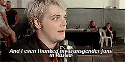 joshjosephs:Gerard talking about speaking out about the transgender community during shows despite R