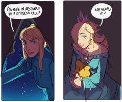 hattersarts:  super mario galaxy but samus hears a distress call that rosalina sends out and now its Super Samus Galaxy and rosalina gives samus a kiss every time she brings back a star, she also kisses her at other times as well