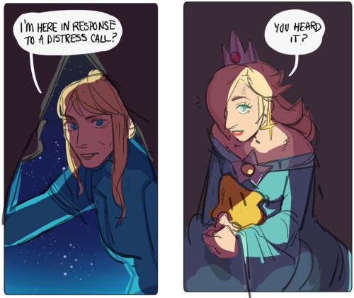 brookietf:hattersarts:super mario galaxy but samus hears a distress call that rosalina sends out and