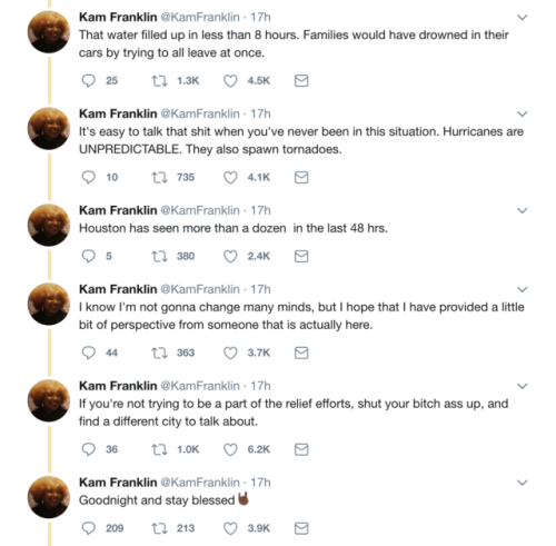 tempestshakes01:  Kam Franklin’s twitter thread explaining why HTX and surrounding areas (total population over 6 million) were not evacuated for the quick and unpredictable Harvey.