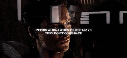 laufire:It’s not a
survivor’s move.[Caption: gifs from The 100. They blend scenes between Murphy and Emori. In the first one an image of Murphy, in a cave, telling Emori “In this world, when people leave they don’t come back.” is blended with one of him in the Eligius ship stepping back from the path to the drop ship and staying on it after Emori makes a hurtful comment. The second one blends Emori replying to him with “I did.”, and watching him step back into the Eligius ship.] #sr#captioned#q