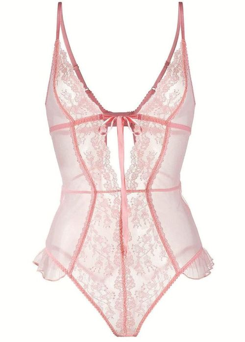 martysimone: Myla London | Elm Row • playsuit in peach pink Leavers lace 