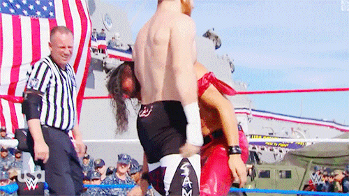 mith-gifs-wrestling:  Sami beams at the audience while beating up Shinsuke Nakamura at Tribute to the Troops.
