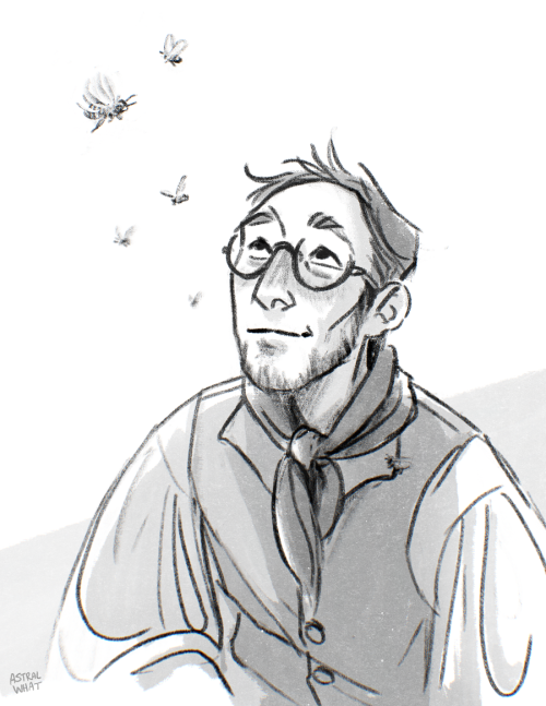 [Image description: A black and white sketch of Stephen Maturin looking upwards at several flying be