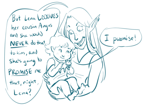 tazdelightful: [Comic transcript: Lup, an elf woman, is holding Lena, a half-elf toddler. Lena is ho