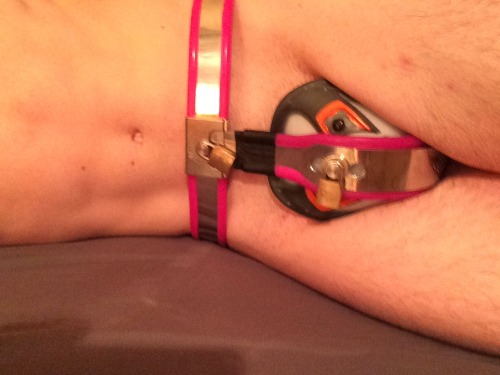 ohmurrr:  This is something I’ve always wanted to try… I modified an athletic cup to fit over the tube of my chastity belt and be locked onto me… I like the way it keeps my balls pressed up against my body. Not really practical for every day wear,