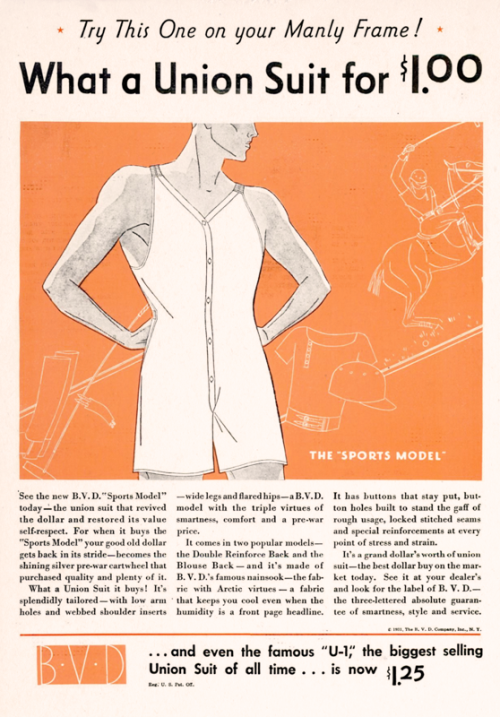 BVD, 1931Adjusted for inflation, this sporty underwear would cost you $16 today.