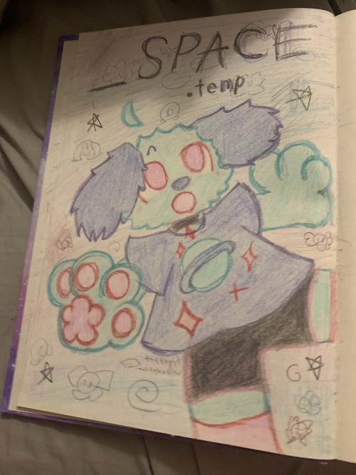 an anthro green and blue dog floating in space. they look amazed and there is text above that says “_SPACE.temp”