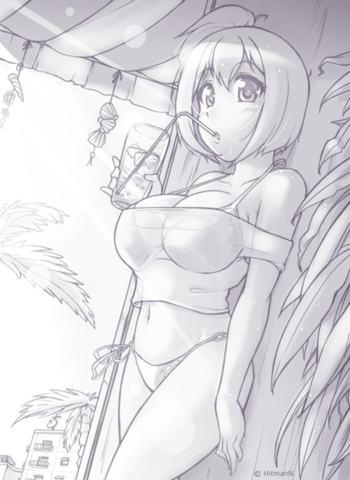  Random doodle of MiSha in a bikini, holding a drink. Beach vibes with the palm trees and seashells.