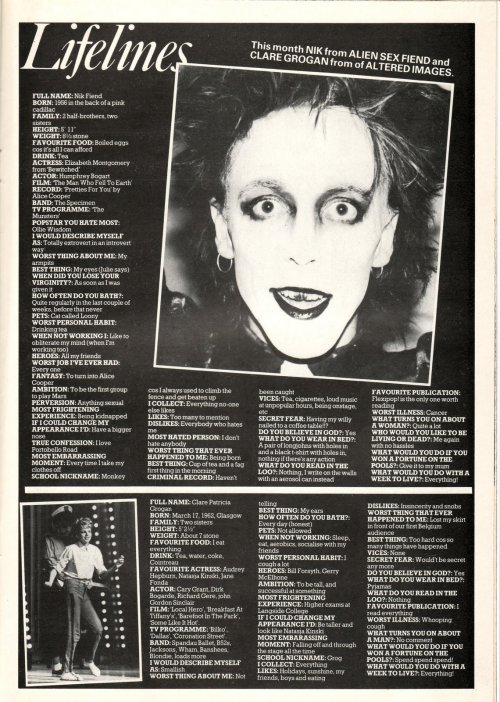 sowhatifiliveinkyushu:Flexipop #31 (1983-06)Lifelines: Nik Fiend (Alien Sex Fiend) + Clare Grogan (A