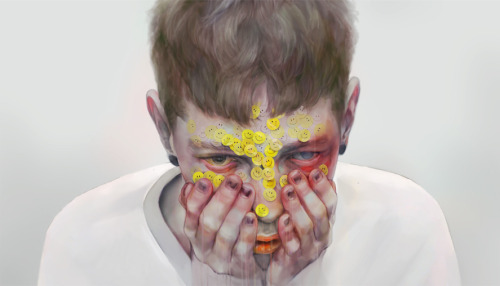 asylum-art:Xhxix ArtArtist on TumblrXhxix is a Japanese illustrator based in Tokyo. “Painting” all of his images digitally on the computer, Xhxix creates haunting technicolor portraits of men with sullen gazes, dripping skin, and bloodshot eyes.