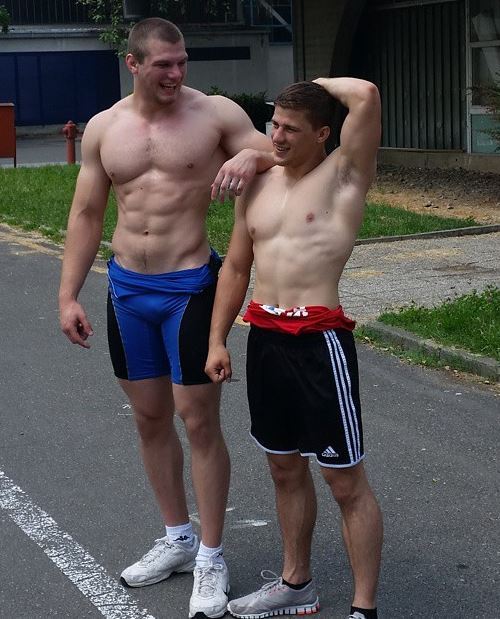 muscletits:Jock buddies love to hang aorund shirtless with each other, feeding off of looking at each other’s muscles.  It’s always fun to imagine which one will be able to take the hardest punishment the longest.