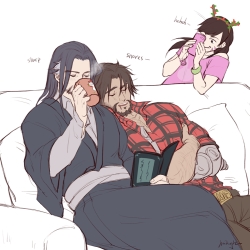 minghii: sleepy mccree snuggling with hanzo,