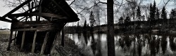 arirapo:  Abandoned shed at river shore, near home. This is one of my fav items. iPhone 6  and panoramic.  via https://dayone.me/1FXhzoY
