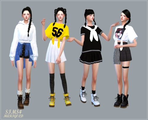 sims4-marigold:Summer Ribbon Wedge Heels &  Female_Combat Boots  & Tied Short Sleeves Crop