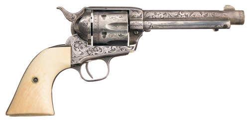 Engraved and silver plated Colt Model 1873 single action revolver with ivory grips, manufactured cir