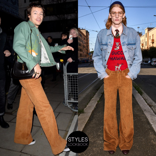 styleslookbook:While arriving at the BBCR2 studio, Harry was pictured wearing Gucci trousers from Pr